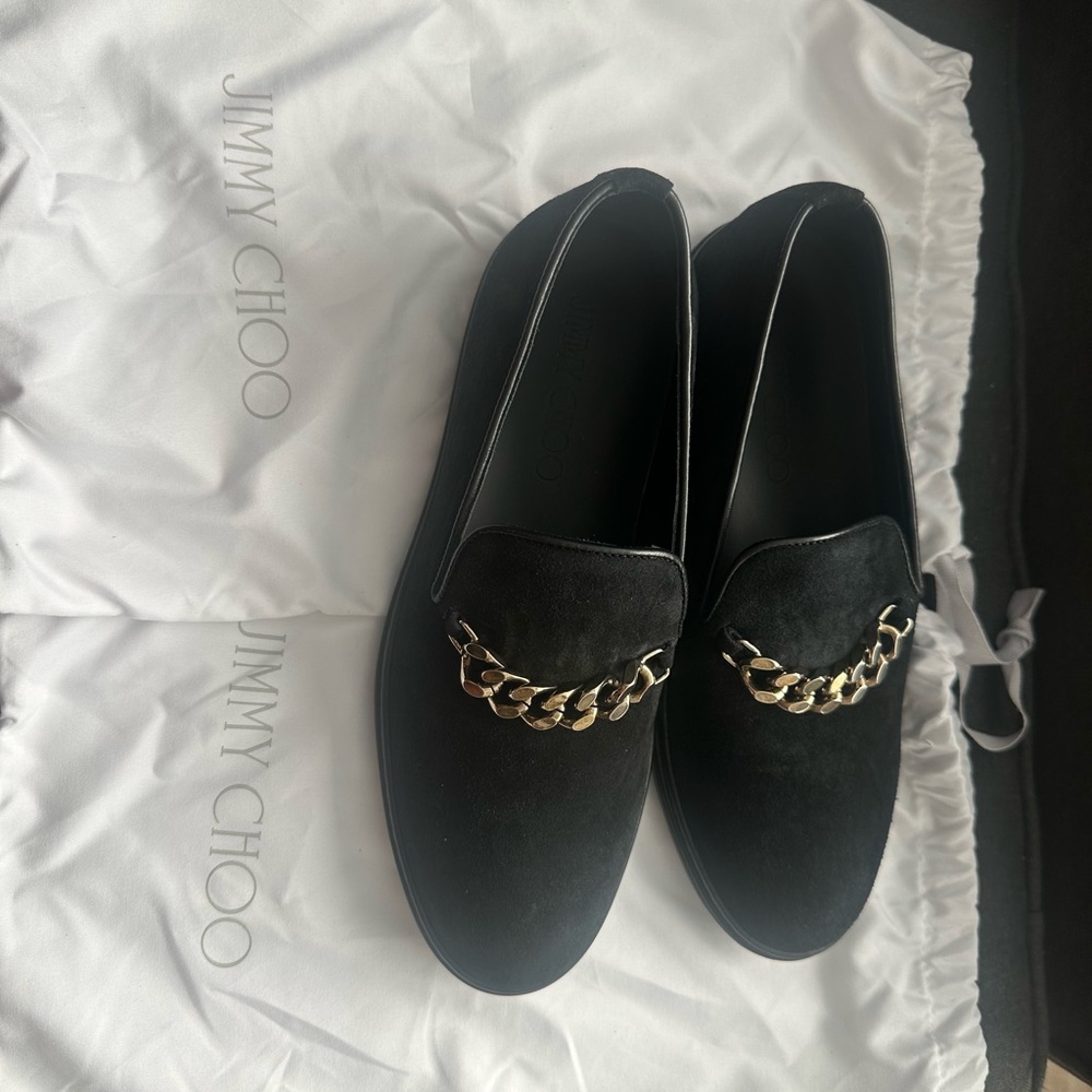 “New” Jimmy Choo Black Suede Loafers with Gold Accent size8